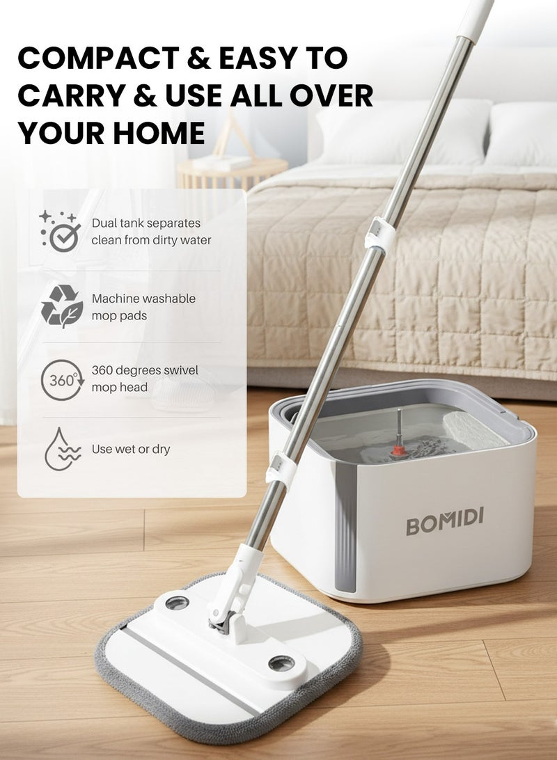 باميدي طقم ممسحة دوارة مع دلو، ممسحة دوارة قابلة للطي 360 درجة مع نظام فصل ذاتي للماء النظيف والمتسخ، ممسحة أرضية سهلة العصر برؤوس قابلة للفصل لتنظيف الأرضيات في المنزل والمطبخ M20 - أبيض رمادي - Image 3